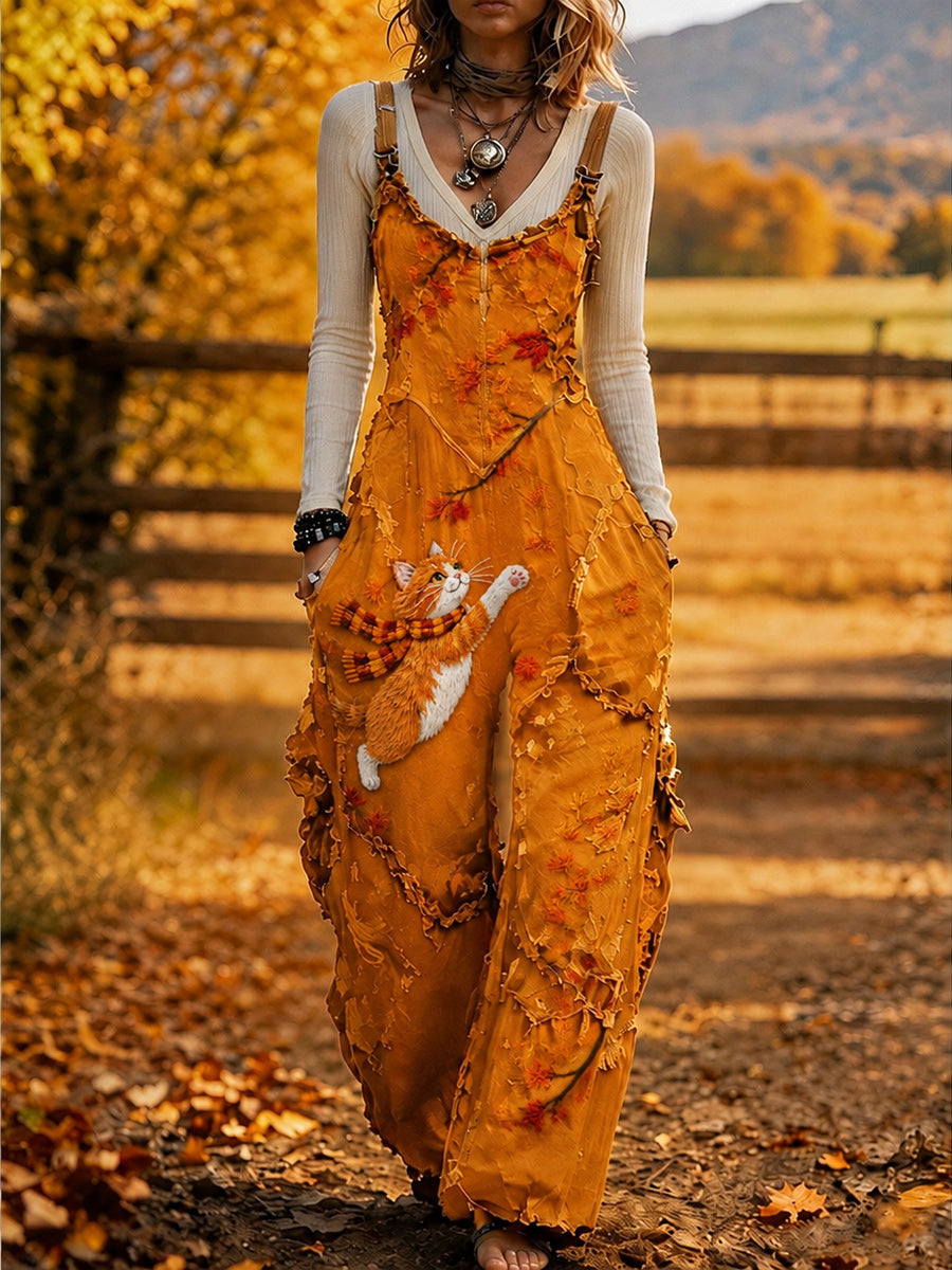 Women's Retro Autumn Style Art Print Washed Cotton Denim Patchwork Jumpsuit